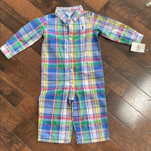 Ralph Lauren Baby Boys Classic Plaid Coverall One piece Blue Multicolor 9M NEW - Picture 2 of 10